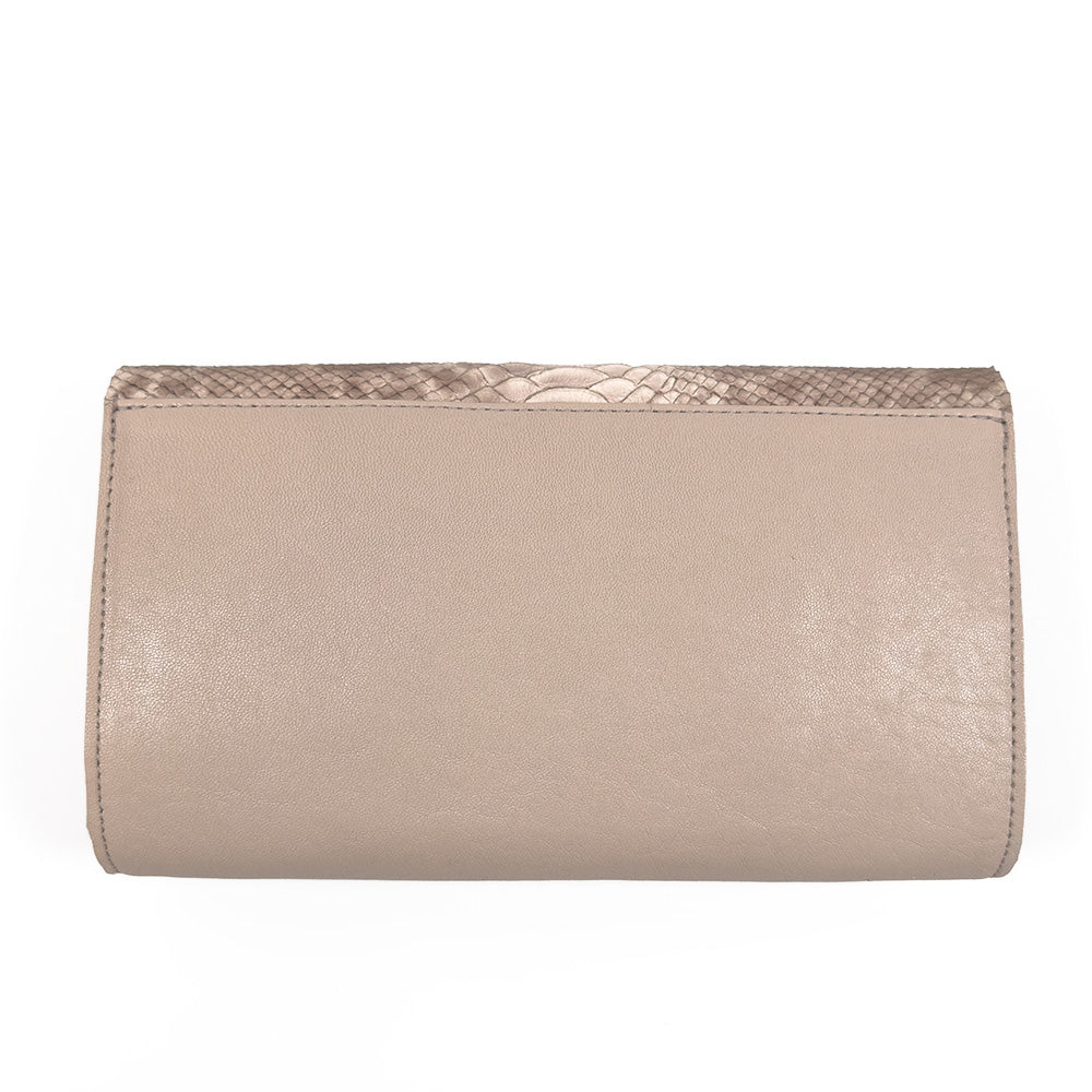A pink nude Baguette Clutch by evokewomen, featuring a textured trim at the top and an embossed snake pattern for an elegant touch.