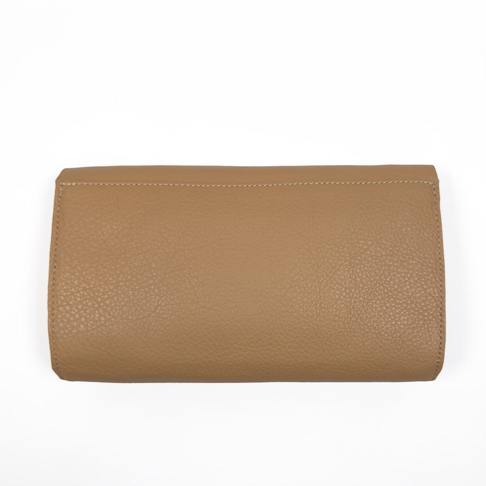 A camel-colored, textured Italian leather wallet from evokewomen's BAGUETTE collection lies flat against a white background.