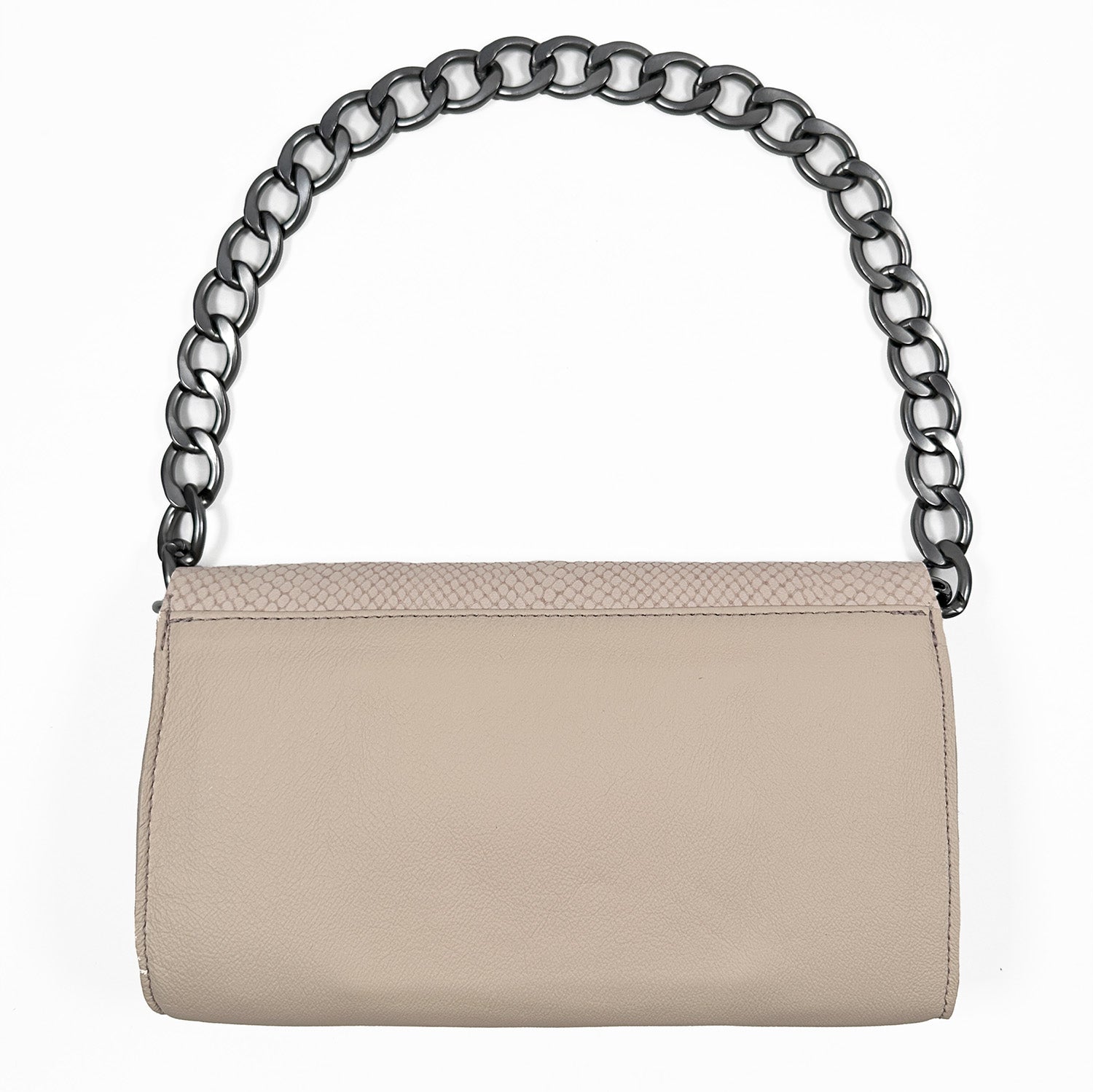 Backside of powder hued leather baguette clutch with gunmetal colored large link shoulder chain on white background.