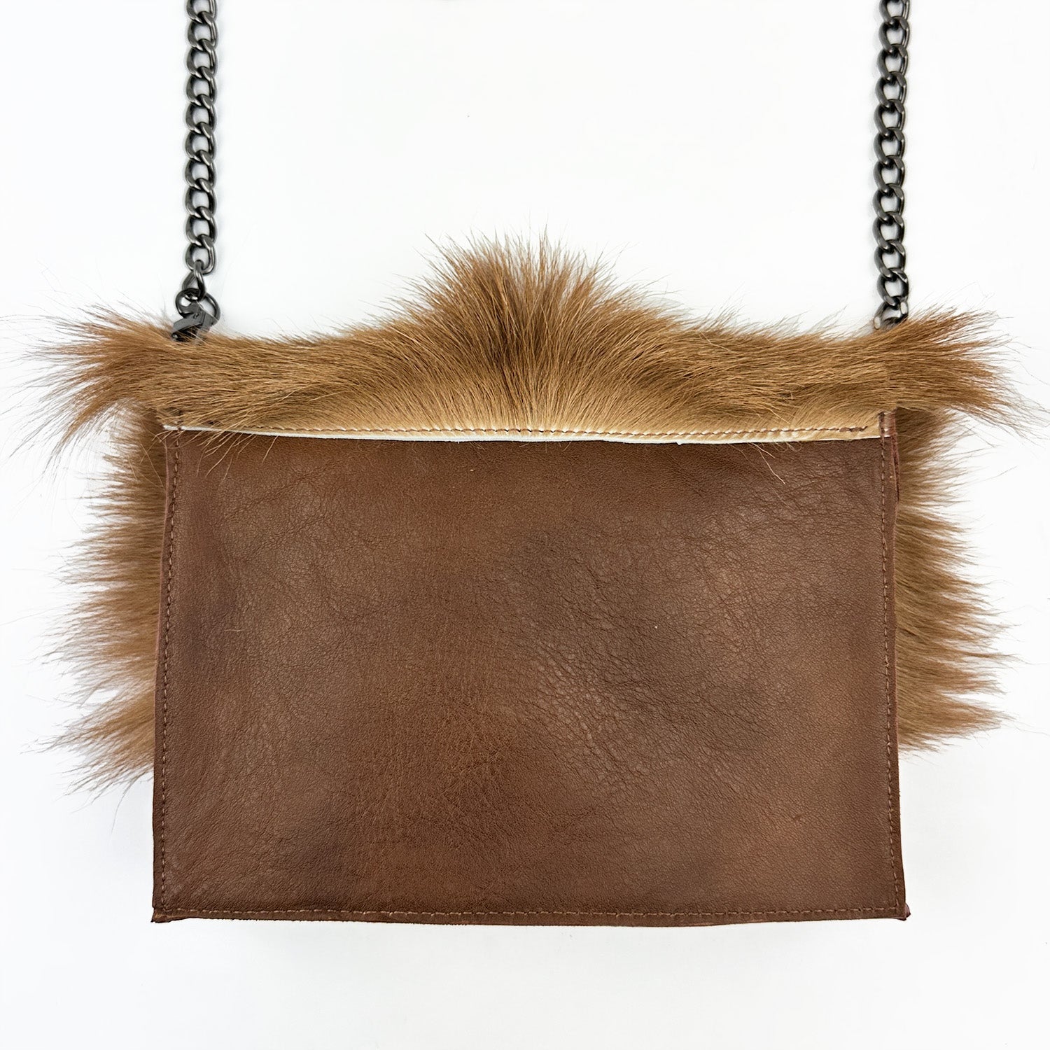 Introducing the BAHAMA FUR - COGNAC from evokewomen: a brown leather crossbody bag with fur trim and a chic chain strap.