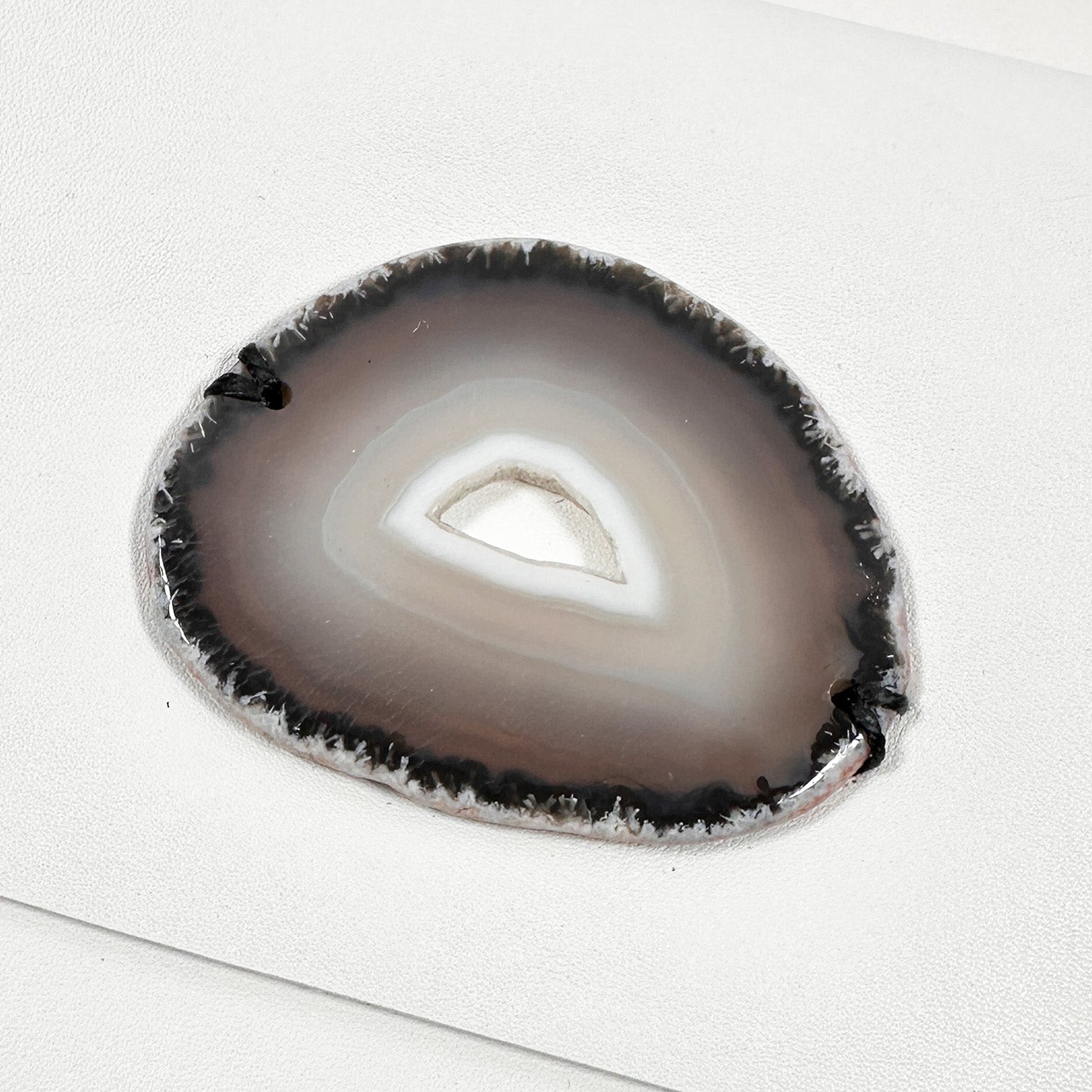 Detail of black, borwn & white oval agate stone on white leather.