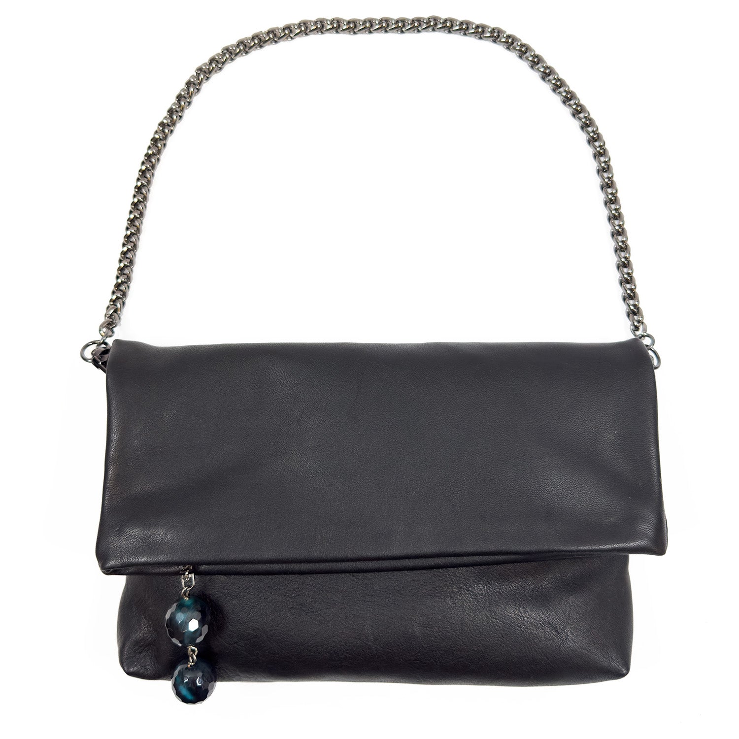 Introducing the Farah - black clutch by evokewomen, a versatile leather bag with a silver snake spine chain strap. It features an elegant fold-over flap adorned with two dangling dark blue beads, offering both style and functionality for any occasion.