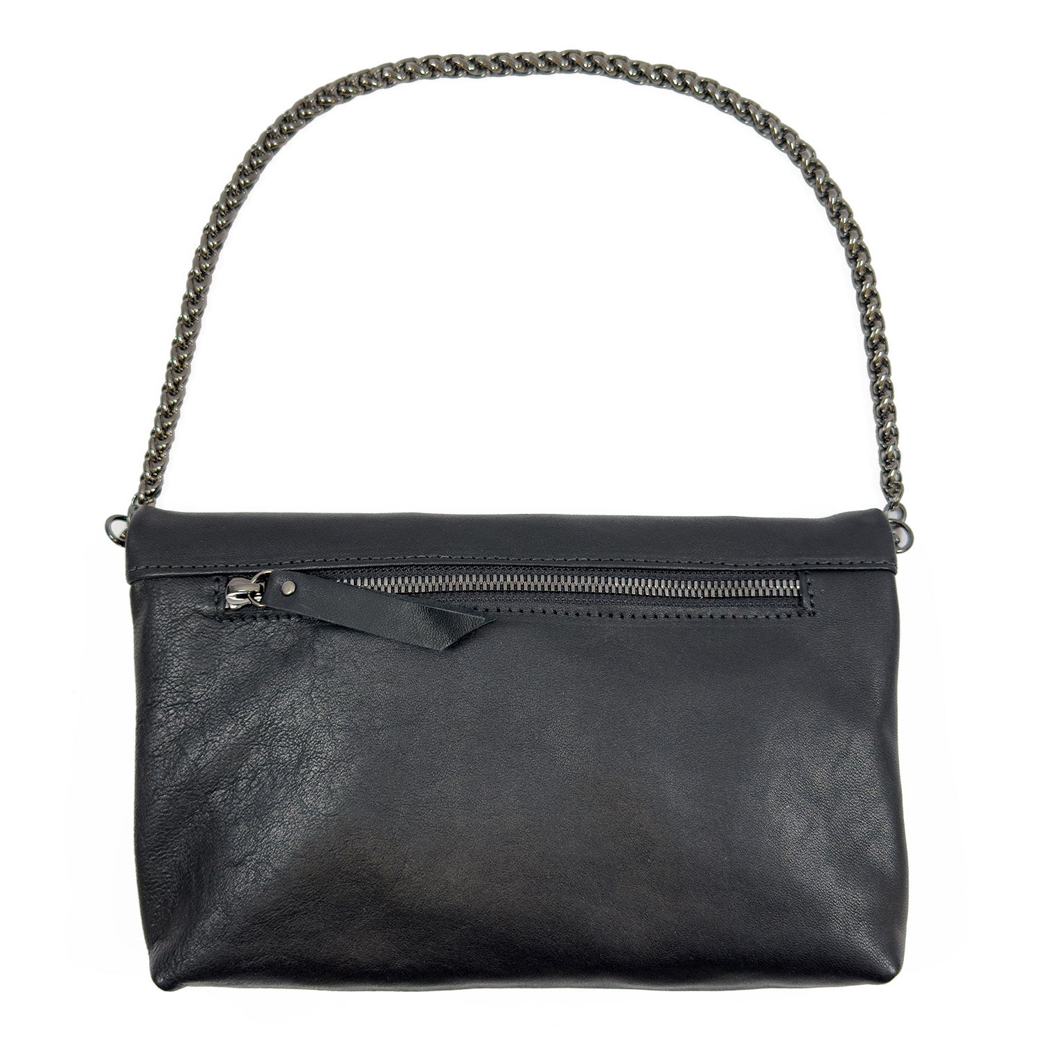 The versatile Farah - black clutch by evokewomen features a chic snake spine chain strap and a convenient front zip pocket.