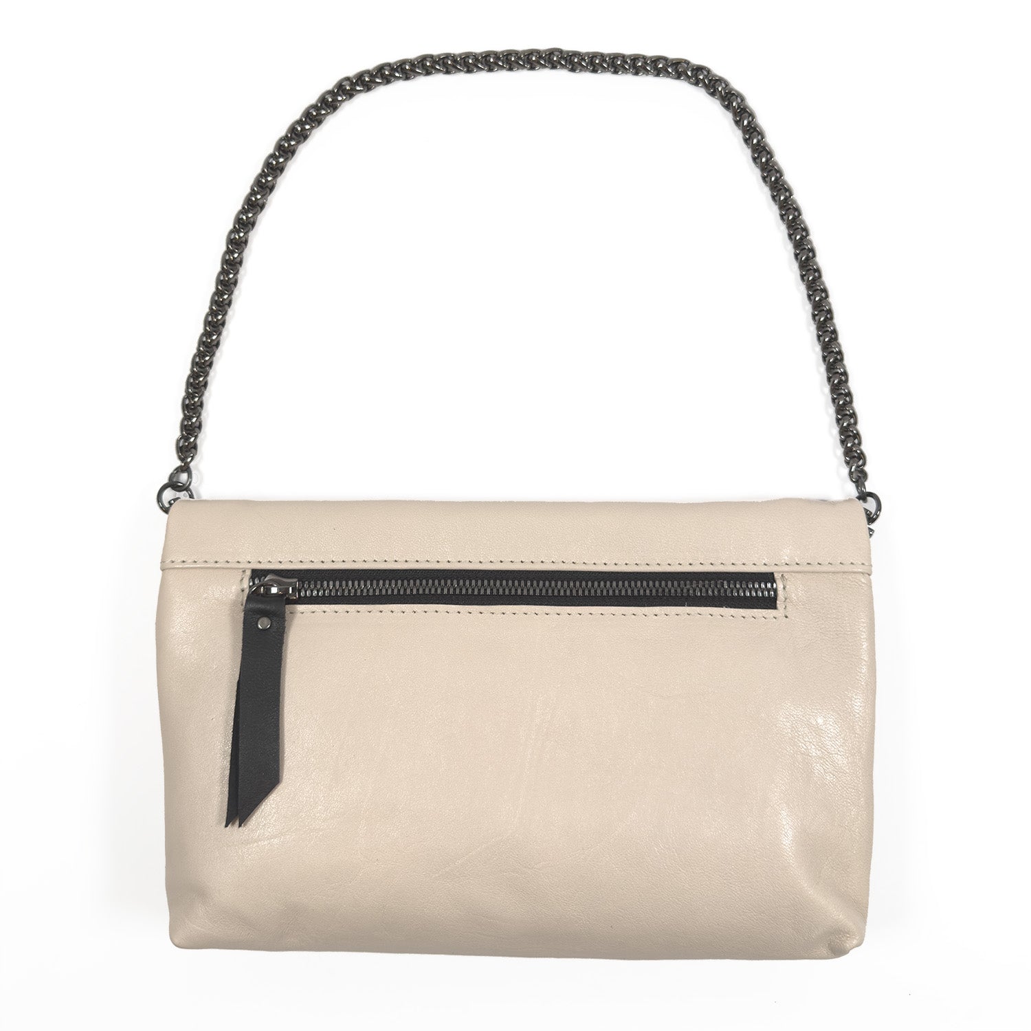 The Farah - almond cross-body bag by evokewomen features a snake spine chain strap and a front zipper pocket.