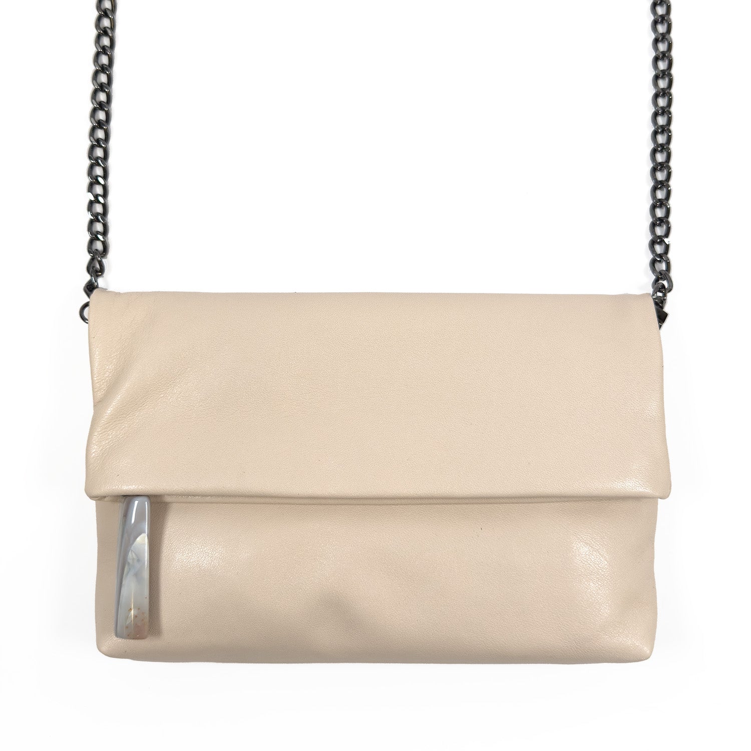 The Farah - almond by evokewomen is a beige leather cross-body bag featuring a stylish Snake Spine Chain strap and a small external pocket.