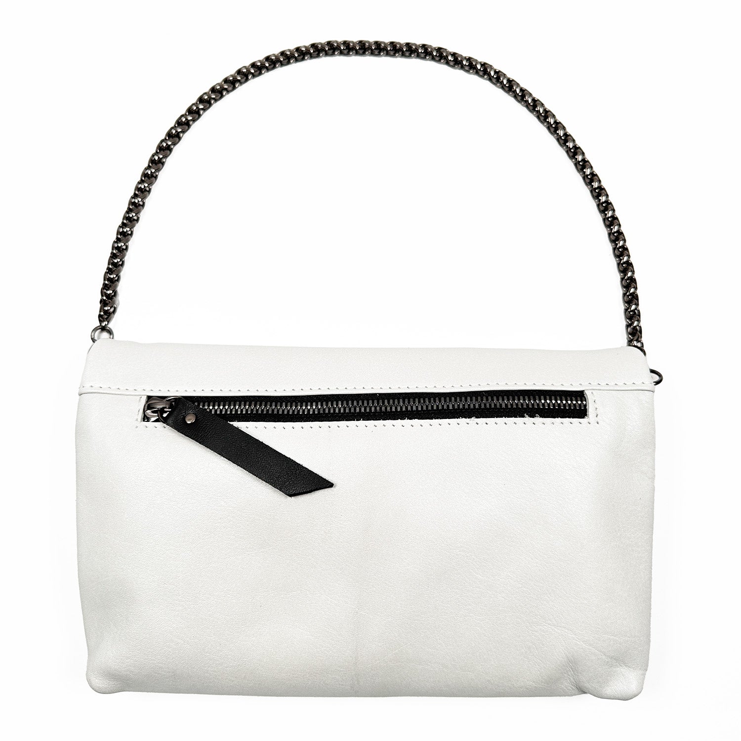 The Farah - pearl white clutch by evokewomen is a versatile bag featuring a chain strap and front zipper pocket, adorned with a chic stone zipper charm.