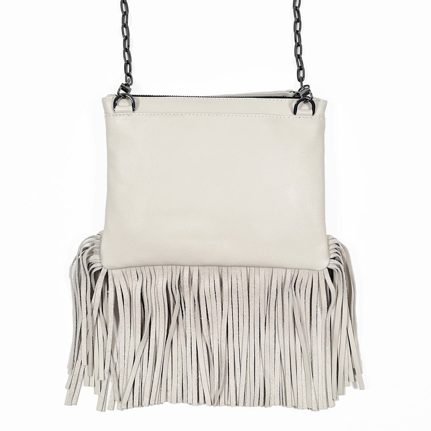 Backside of off-white fringe bag with zipper closure on white background. Gunmetal cross-body chain.
