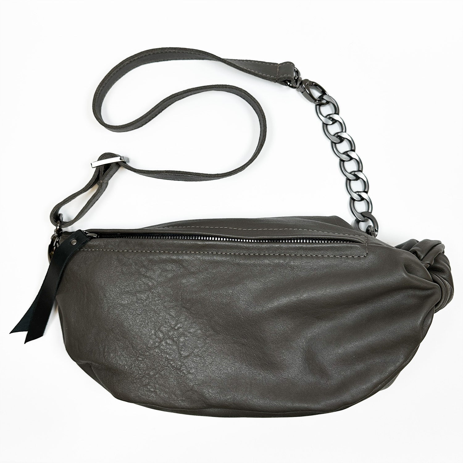 The LONDON - OLIVE-GREY sling bag by evokewomen features gray faux leather with a zipper, a chain link strap, and an adjustable buckle.