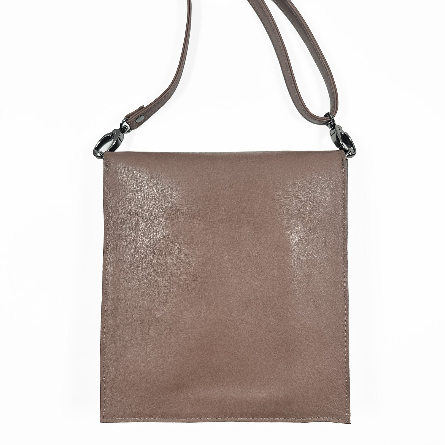 Back view of a mocha brown, portrait-shaped crossbody leather bag featuring a mocha brown leather strap and gunmetal buckles, displayed on a white background.