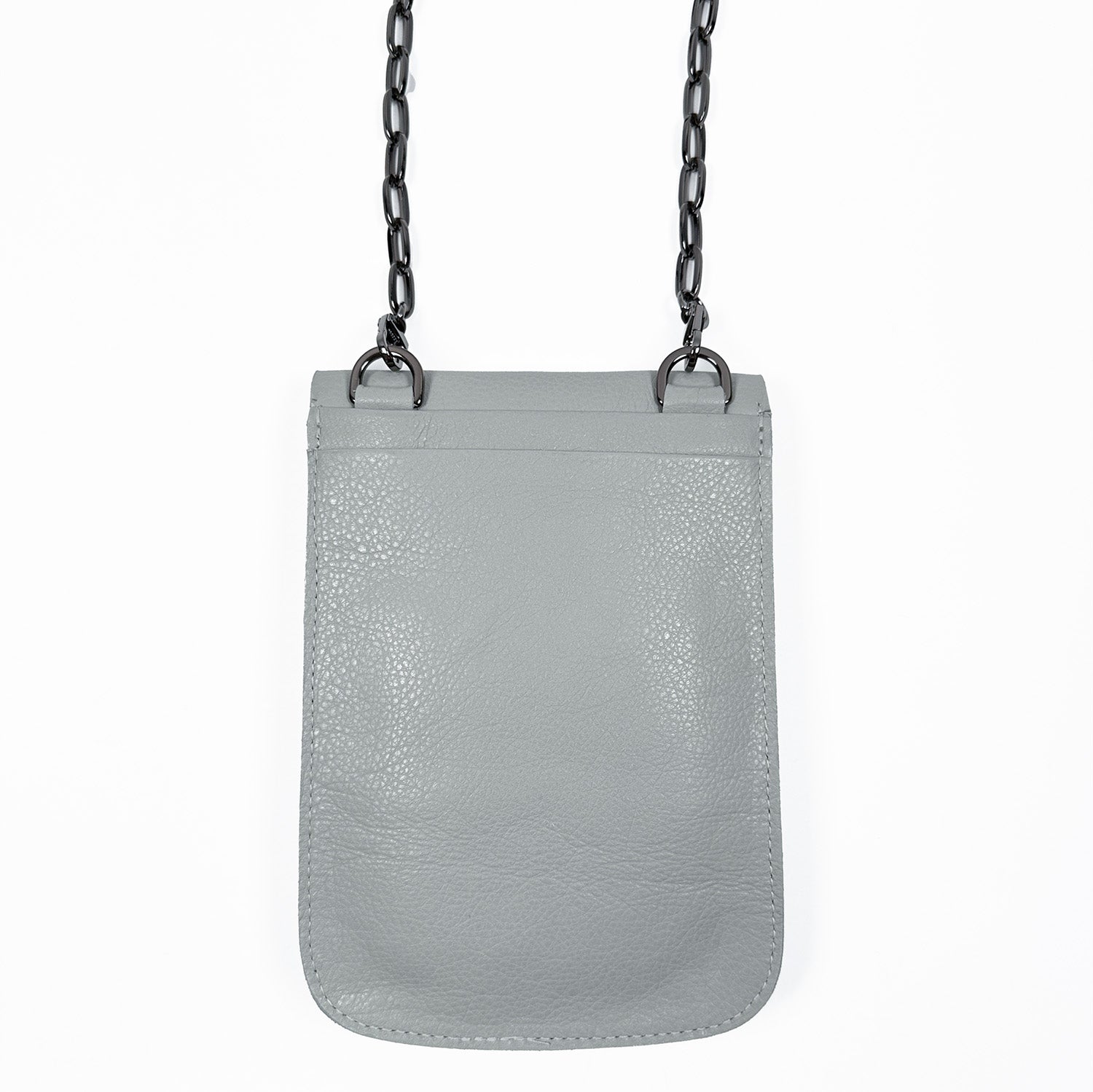 Backide of sleek smoke grey leather bag with black gunmetal cross-body chain.
