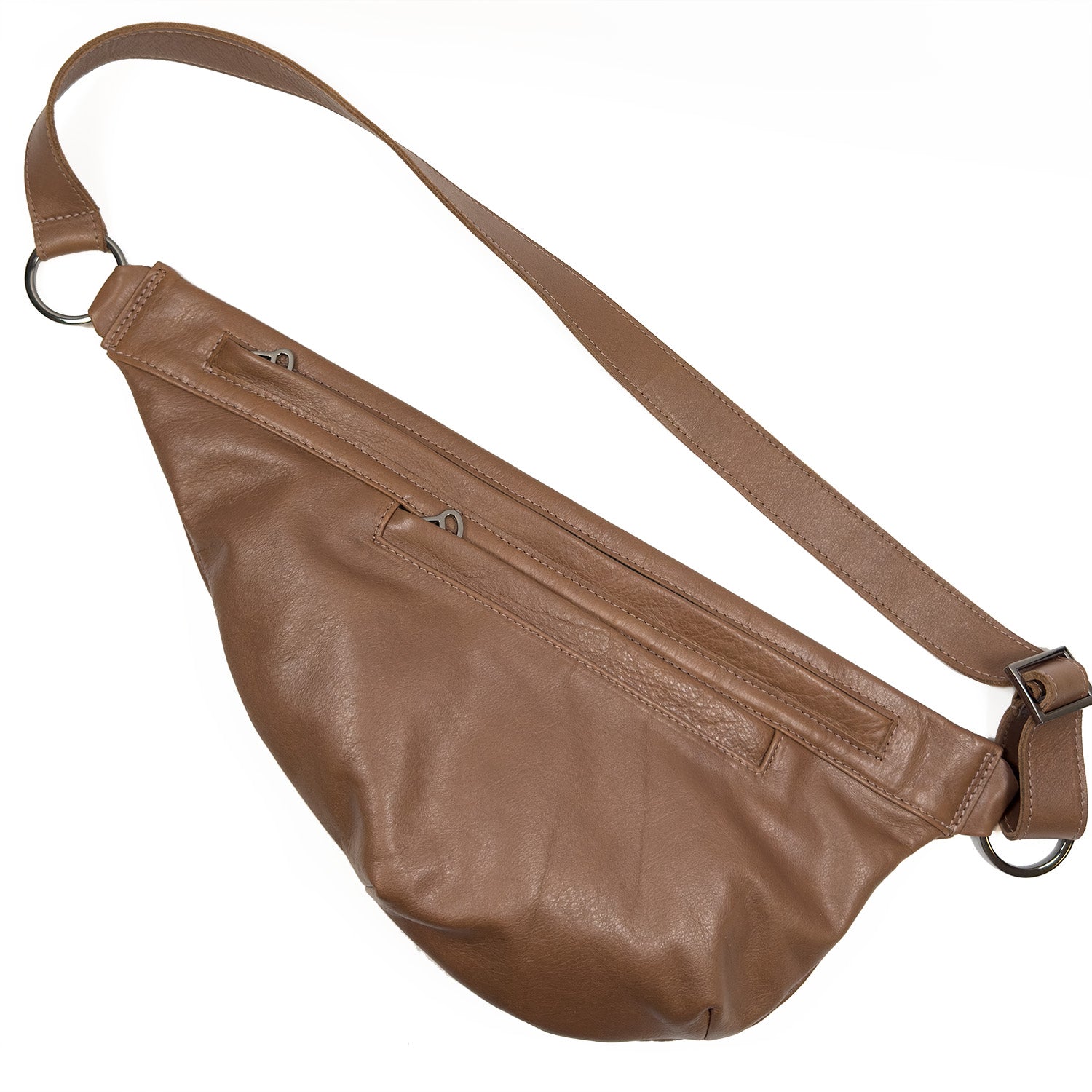 Introducing the Sienna - nutshell by evokewomen, a stylish brown leather cross-over bag with an adjustable strap and convenient zipper pockets.