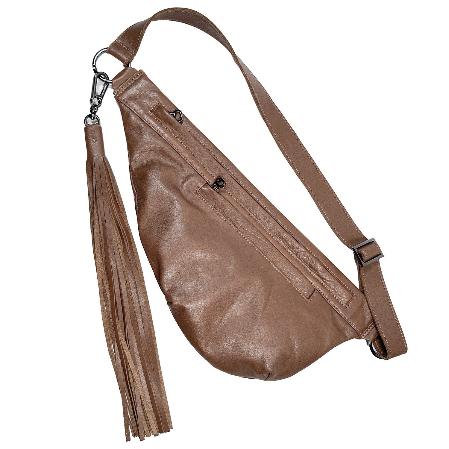 Introducing the Sienna - nutshell & tassel by evokewomen: this chic crossbody bag boasts a striking brown leather design with an eye-catching fringe detail and an adjustable strap, ensuring it complements any outfit. Ideal for hands-free use as a sling bag.