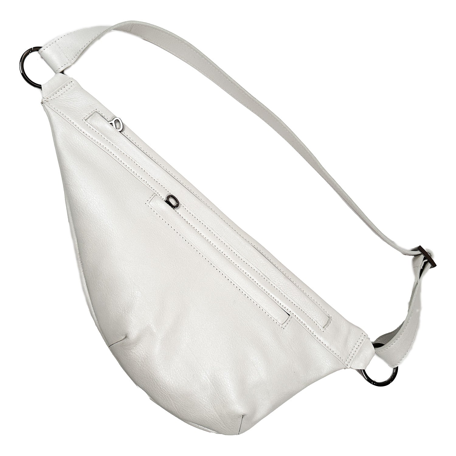 The Sienna, a pearl white sling bag by evokewomen, features a zipper pocket and adjustable strap, highlighting its versatility against a plain background.