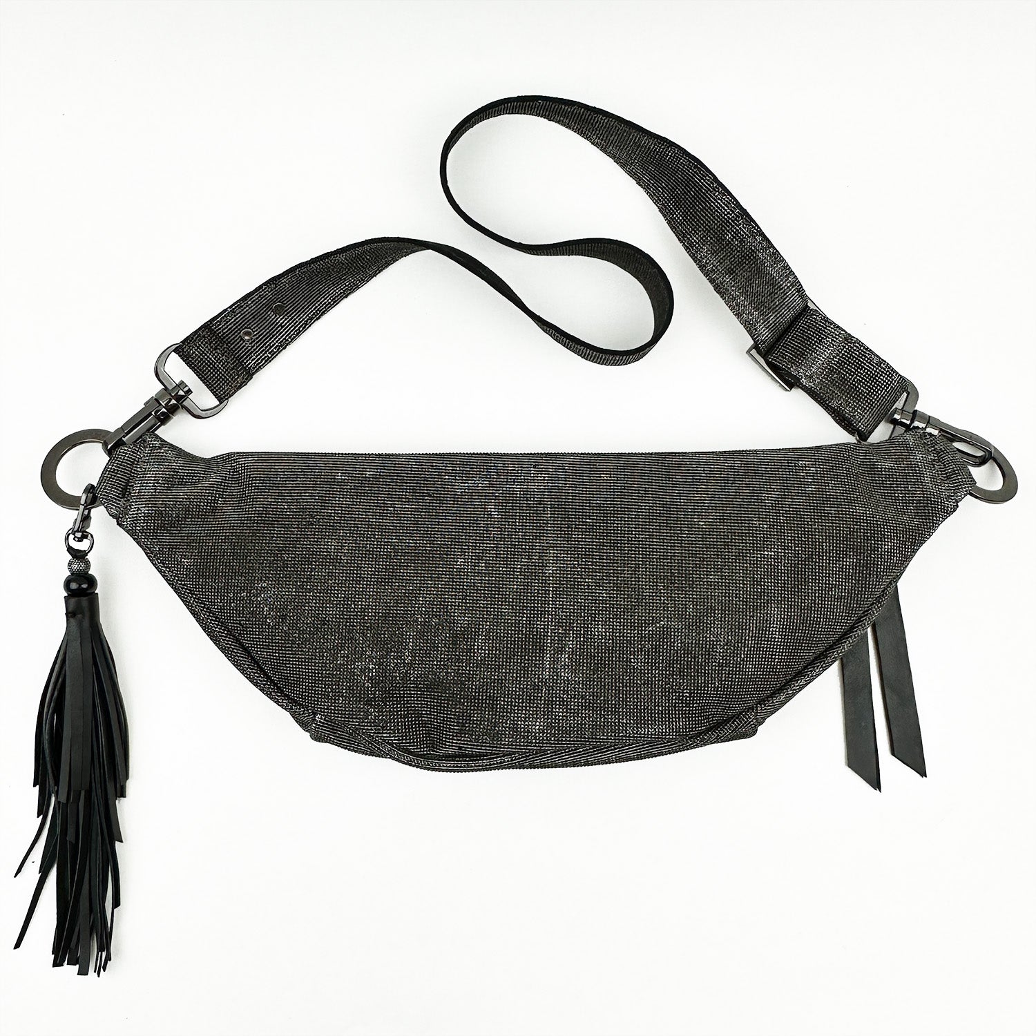 The STELLA - GUNMETAL TEXTURE by evokewomen, featuring a tasseled adjustable strap, is showcased on a white background.