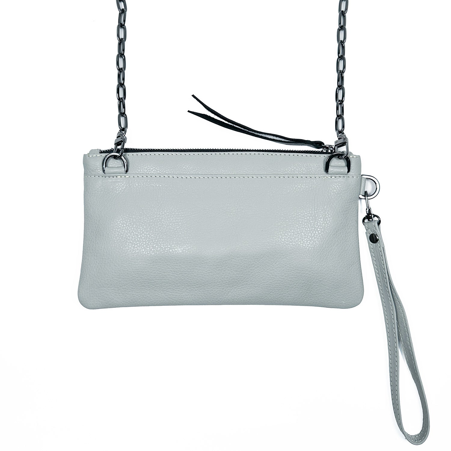 The VICTORIA by evokewomen in light smoke is a chic gray leather clutch featuring a stylish chain strap and a handy wristlet strap on the side, effortlessly converting into an elegant crossbody bag.