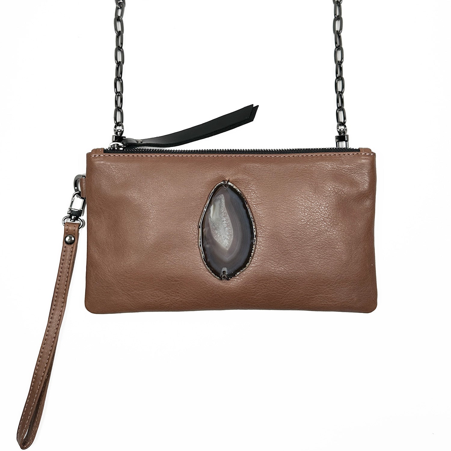 Nutshell-colored VICTORIA cross body bag by evokewomen, featuring a metal chain strap and an oval stone embellishment on the front.