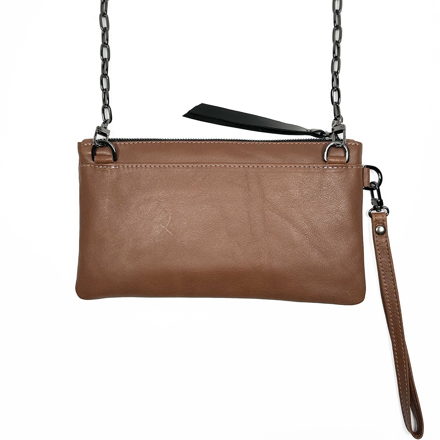 Discover the VICTORIA - nutshell by evokewomen, a stylish brown leather crossbody bag accented with a sleek black chain strap and an additional side wristlet, perfect for any occasion.