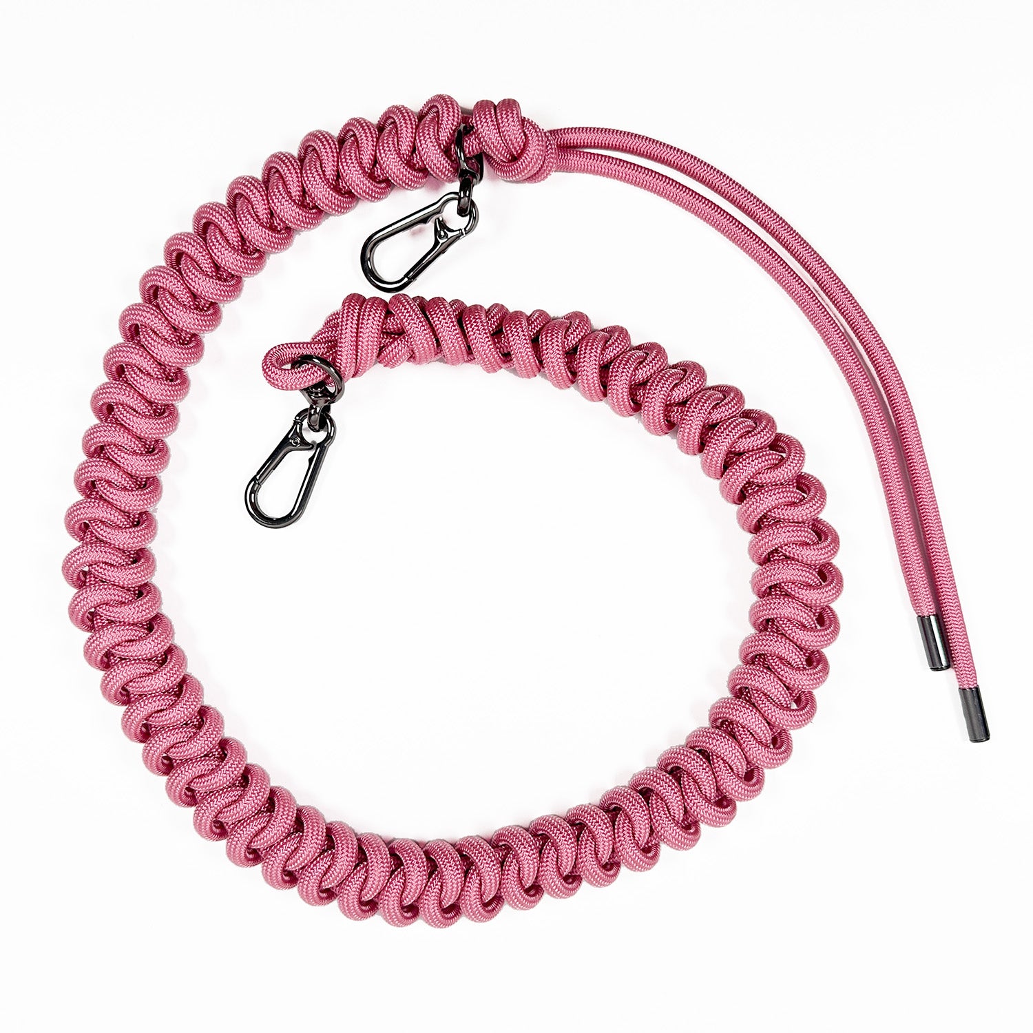 Pink knotted paracord strap with 2 high end gunmetal colored swivel hooks and tassel ends on white background.