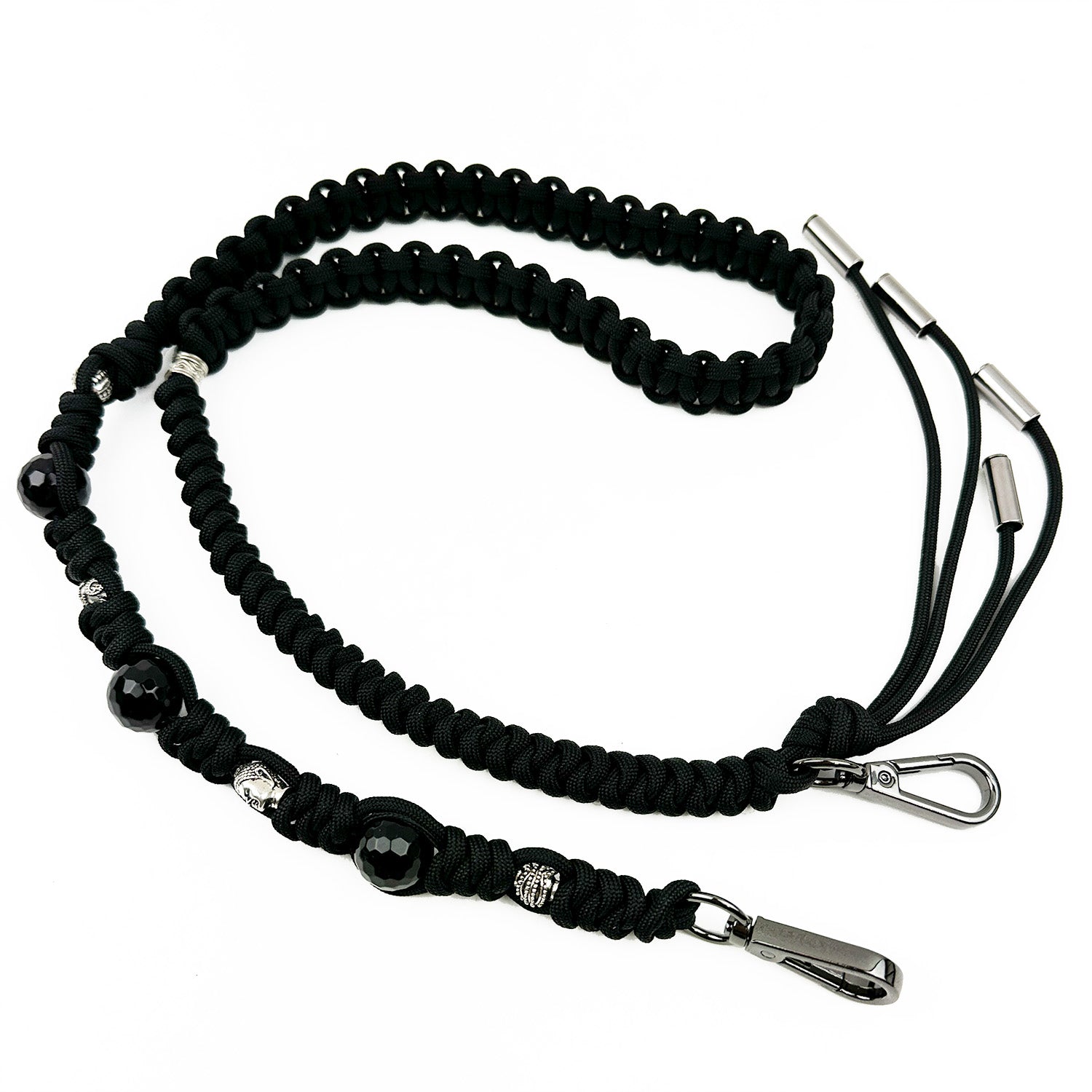A KNOTTED SHOULDER STRAP by evokewomen, featuring a braided design with silver metal beads and a sturdy metal carabiner hook in black.
