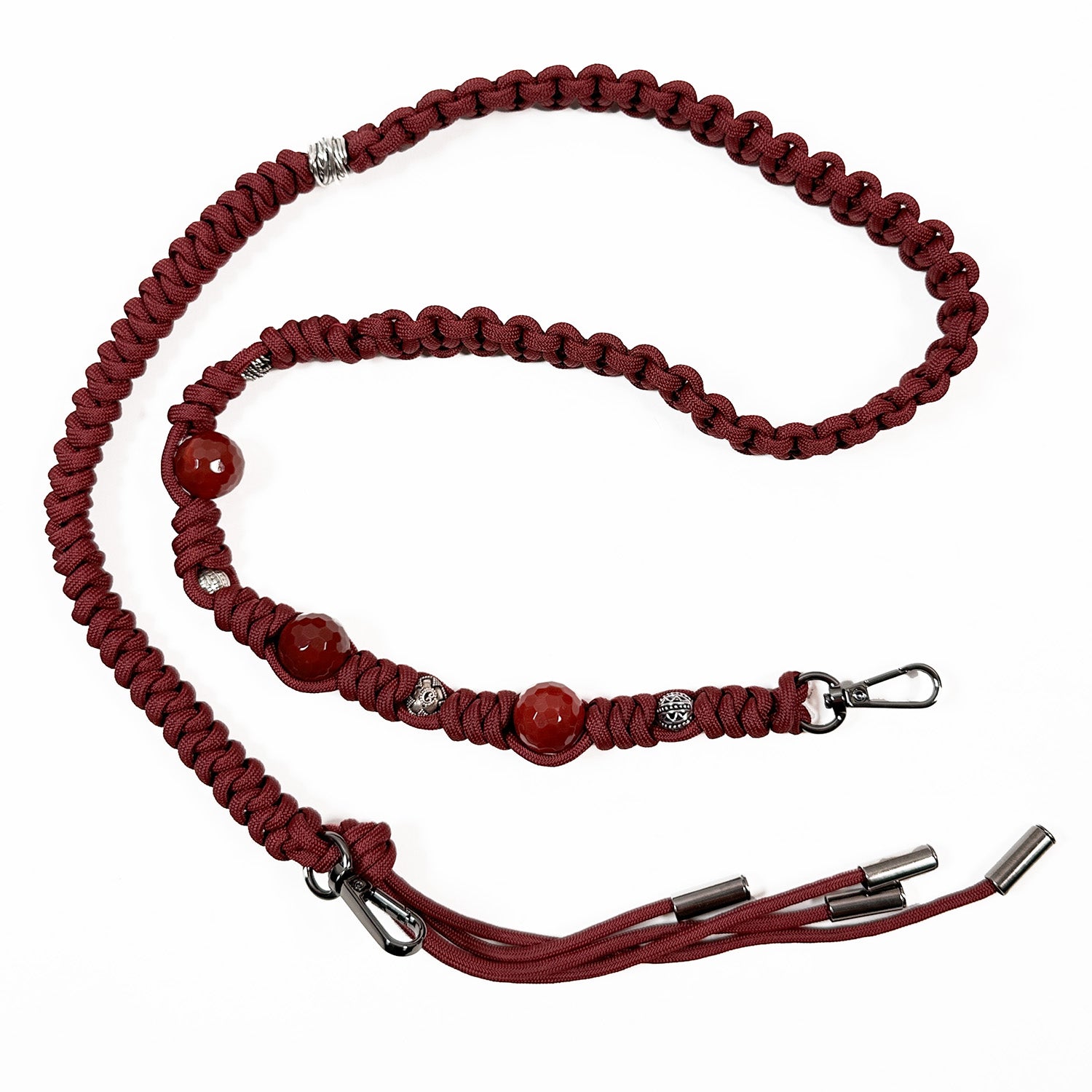 Wine-colored knotted shoulder strap from evokewomen, featuring gunmetal accents and decorative faceted Agate beads.