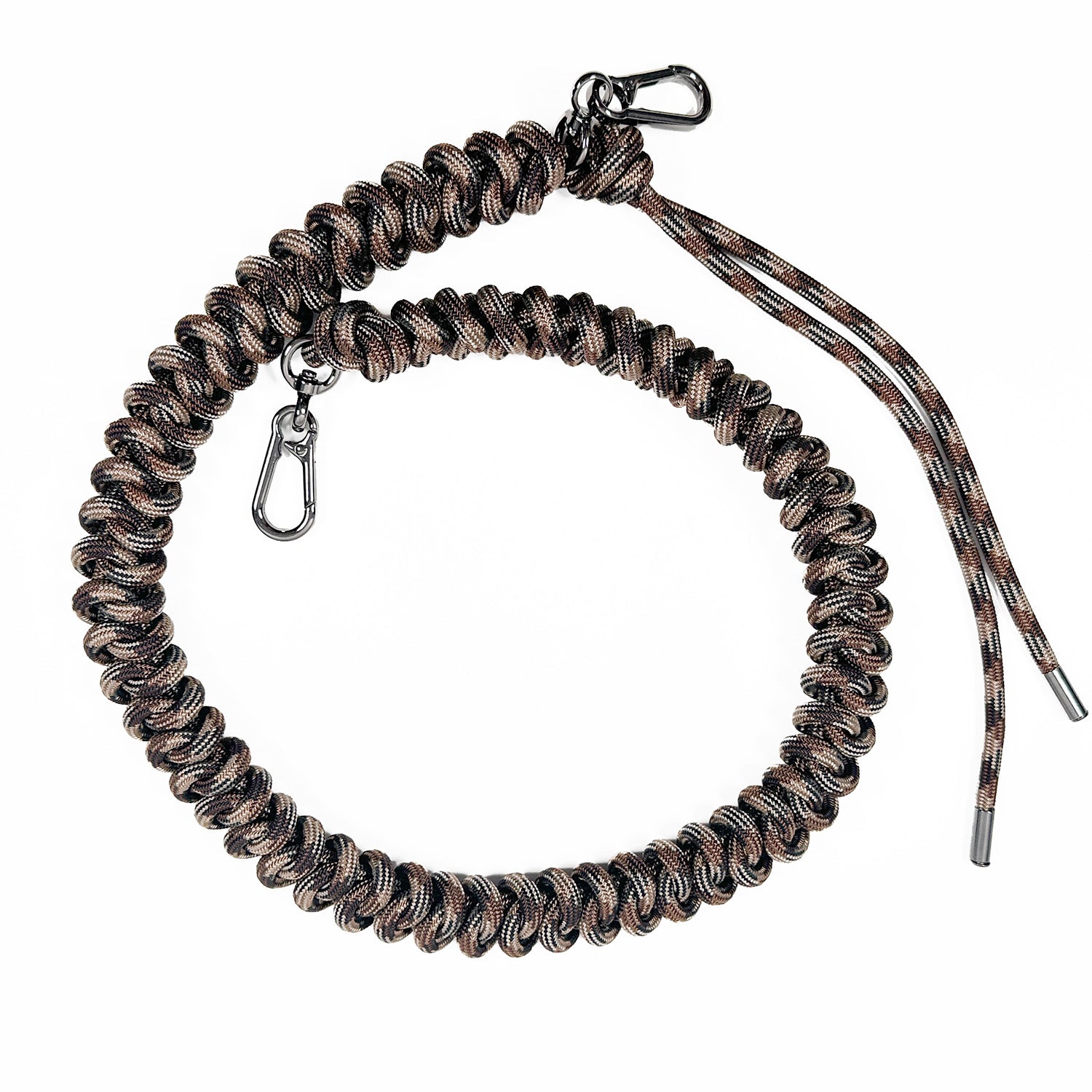 Brown, beige, black knotted paracord strap with 2 high end gunmetal colored swivel hooks and tassel ends on white background.