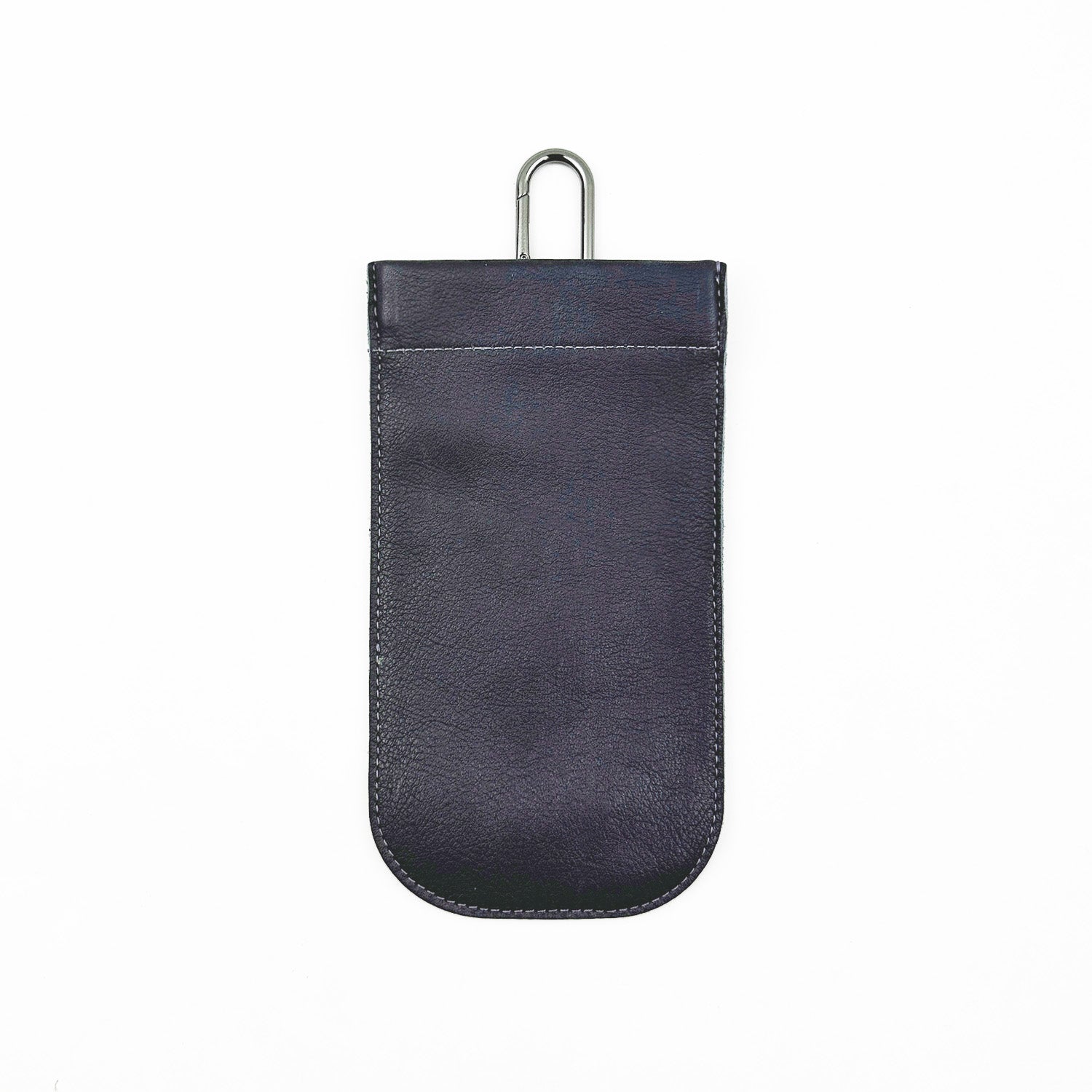 A navy leather SUN-GLASS POUCH by evokewomen, equipped with a metal hook at the top, offers stylish eyewear protection with distinctive design variations.