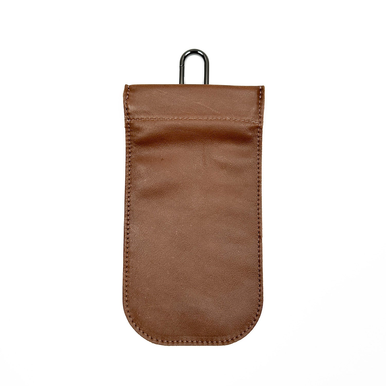 The SUN-GLASS POUCH - nutshell by evokewomen features a distinct design with brown leather, rounded edges, and a carabiner clip at the top, serving as both an eyewear case and a chic sunglasses pouch.