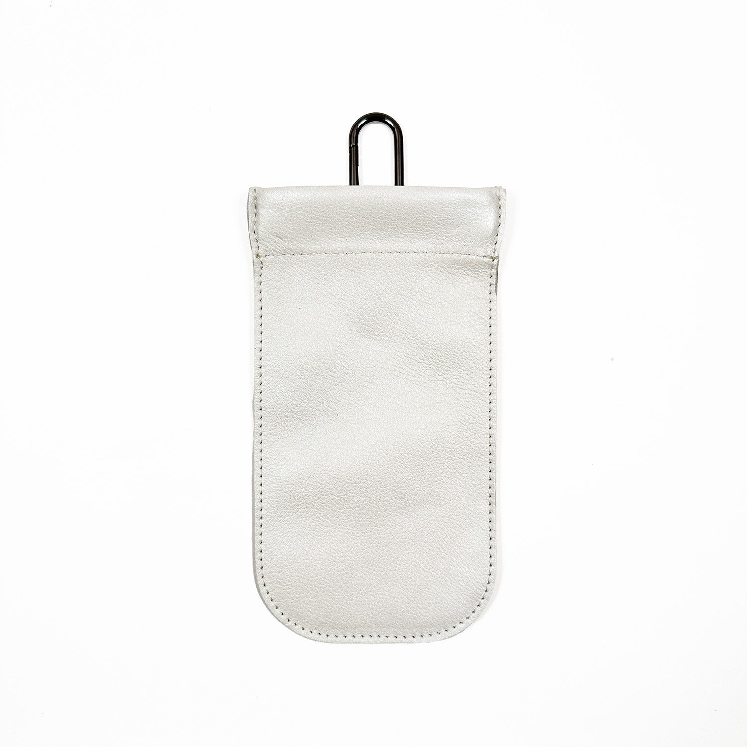 Introducing the SUN-GLASS POUCH in pearl white from evokewomen, featuring a sleek flap cover and a sturdy metal clip at the top, ideal for stylishly safeguarding your sunglasses.