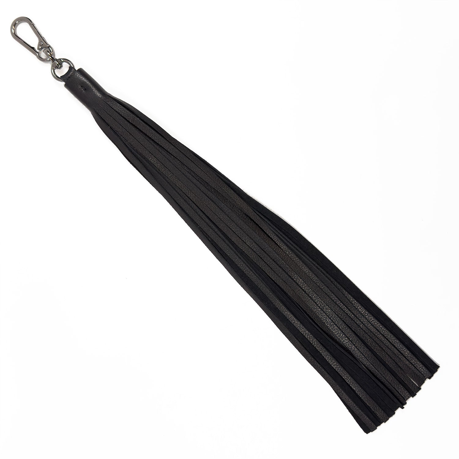 Introducing the TASSEL XXL - black by evokewomen, a striking leather keychain in a gunmetal clip design, perfect as an eye-catching addition to any outfit.