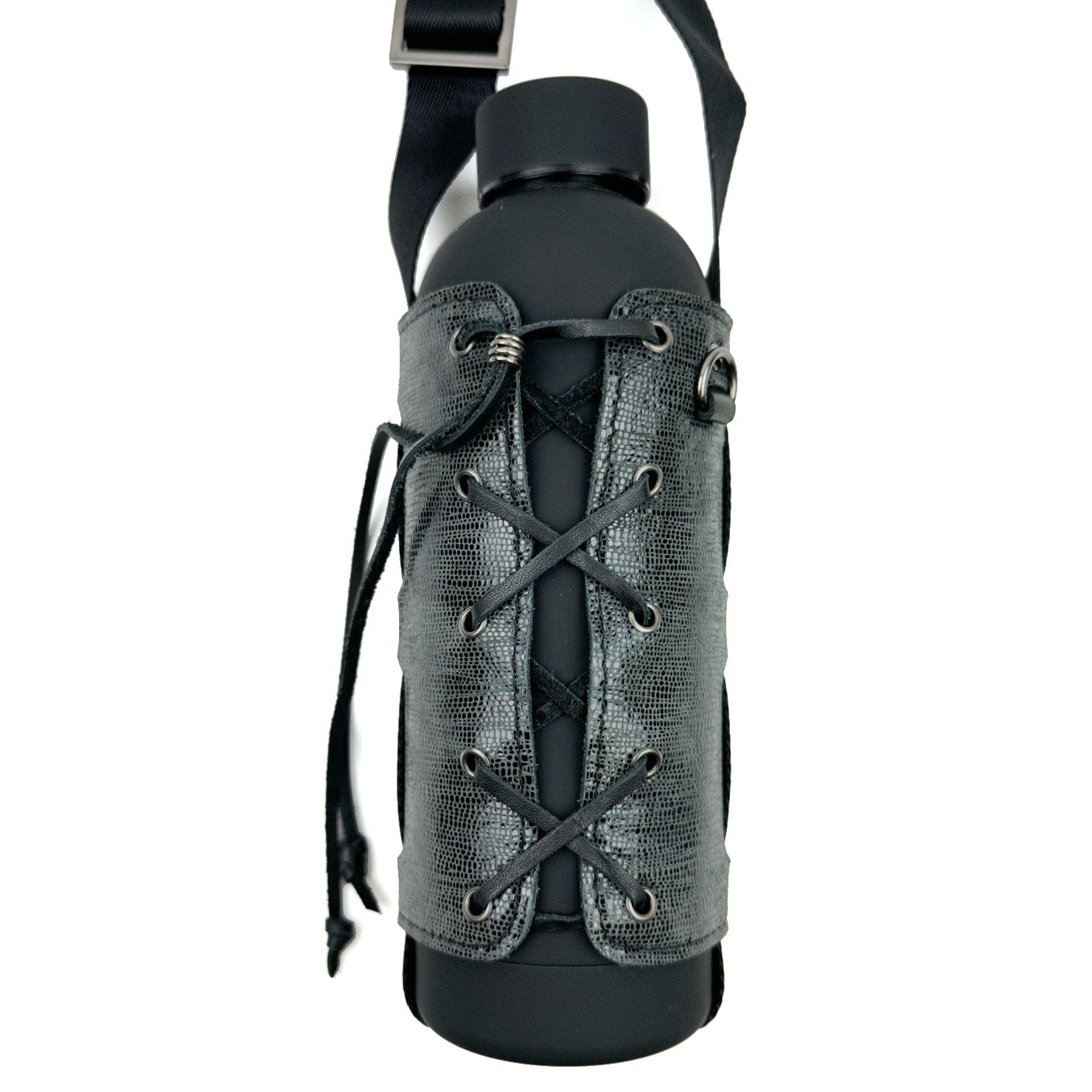 The evokewomen Bottle Carrier - snake is a stylish black water bottle encased in a faux snake leather sleeve and features an adjustable shoulder strap for convenient carrying.