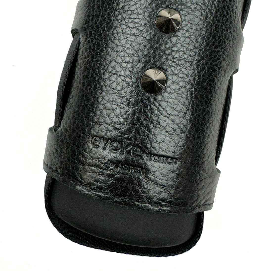 Description of a black leather accessory featuring two metal rivets and embossed text with the brand name "evokewomen." The item's design hints at a corset-style closure, adding an edgy sophistication to this bottle carrier.