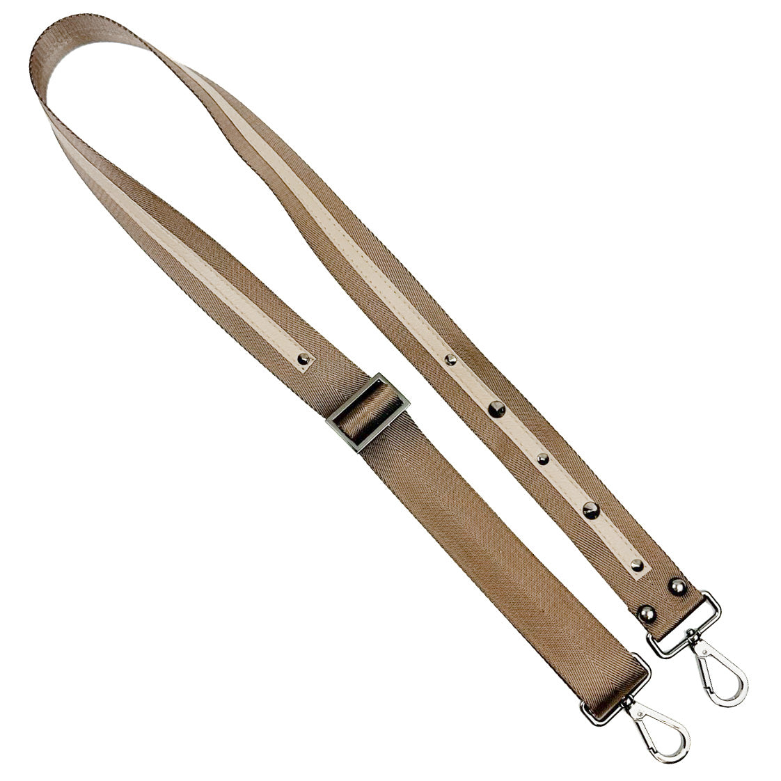 The SHOULDER STRAP - SAND by evokewomen is a beige and brown adjustable strap with leather accents, finished with metal hooks on both ends.