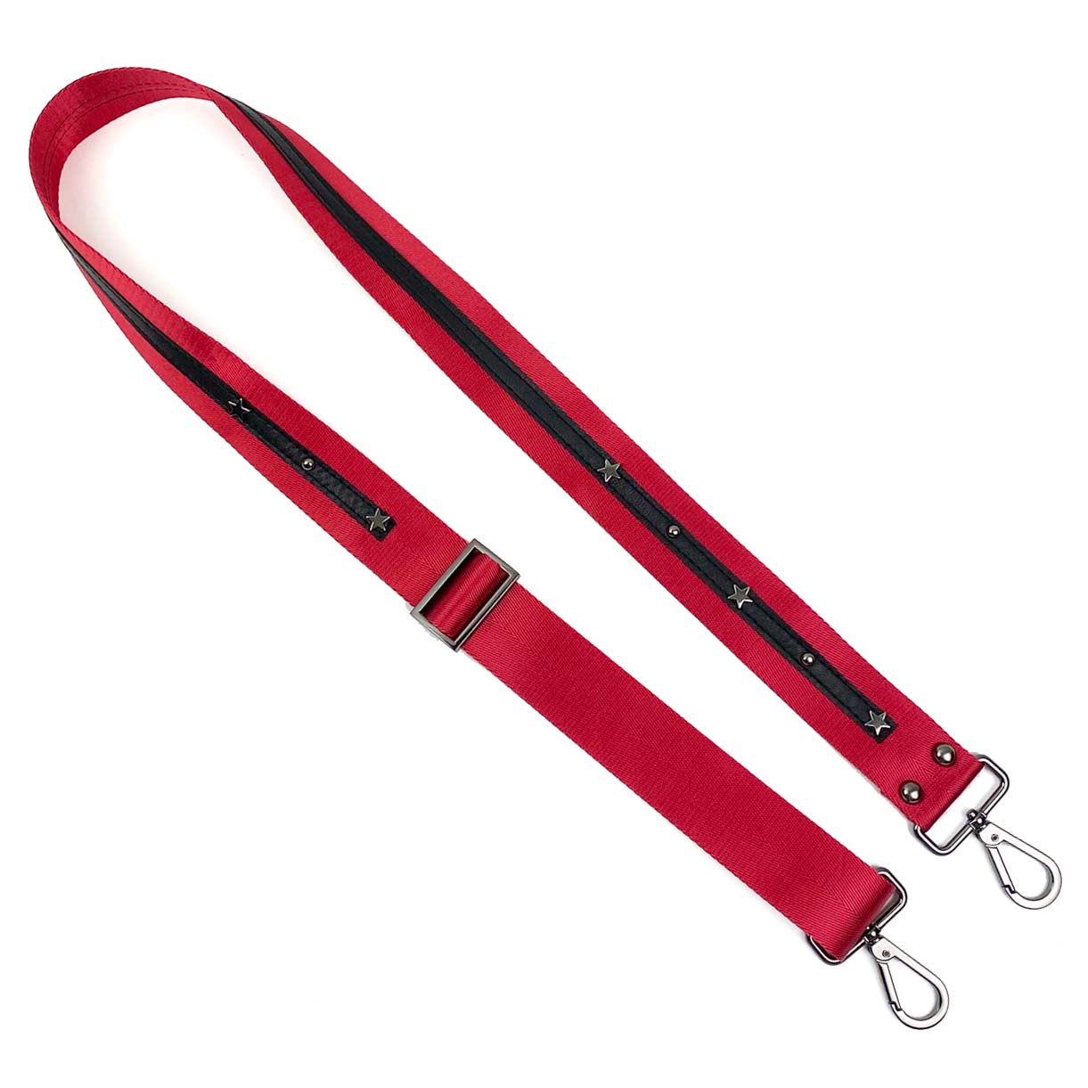 The RED + stars SHOULDER STRAP by evokewomen includes durable nylon webbing straps for enhanced strength and features a red and black adjustable design with metal clips at both ends.