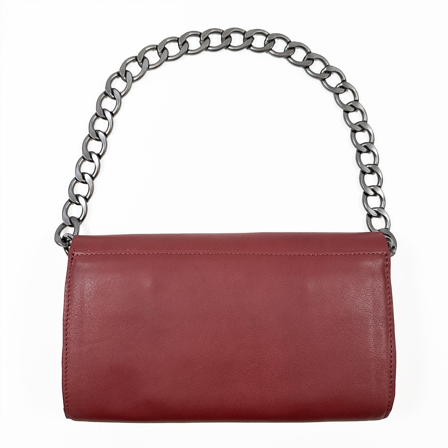 Introducing the BAGUETTE - WINE by evokewomen: a luxurious Italian leather handbag in a rich red hue, adorned with an elegant chunky silver chain handle, offering sophistication akin to a classic vintage jade amulet.