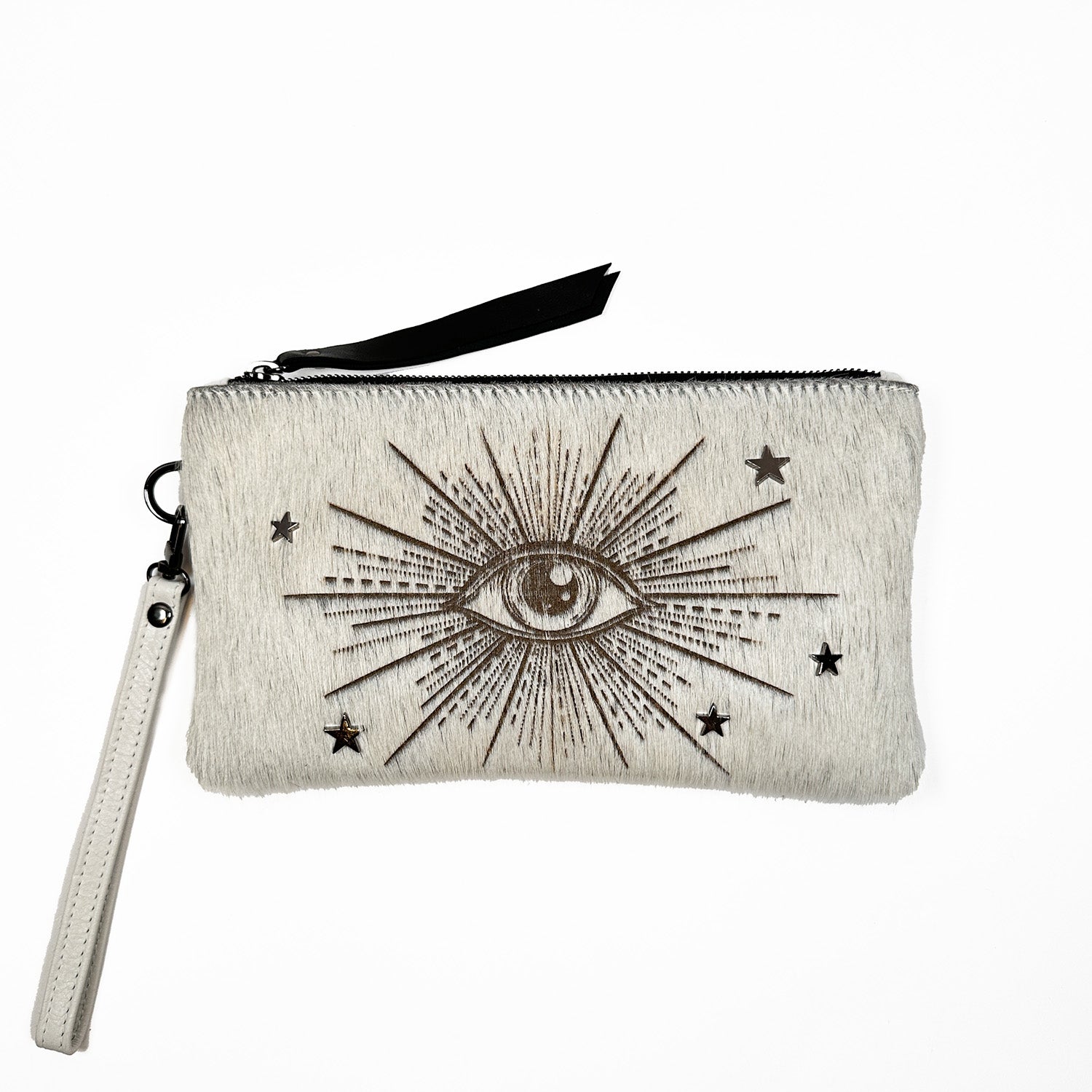 The VICTORIA off-white wristlet clutch by evokewomen features a laser eye illustration surrounded by stars and rays, complete with a zipper and convenient wrist strap.