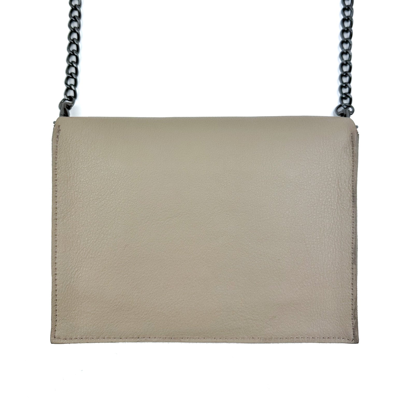 The BAHAMA - SAND, a beige leather cross body bag by evokewomen, featuring a sleek black chain strap, elegantly rests on a white background.